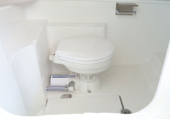 Powder room with electric marine toilet.