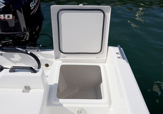 The rear deck locker can be used for live fish well as an option.